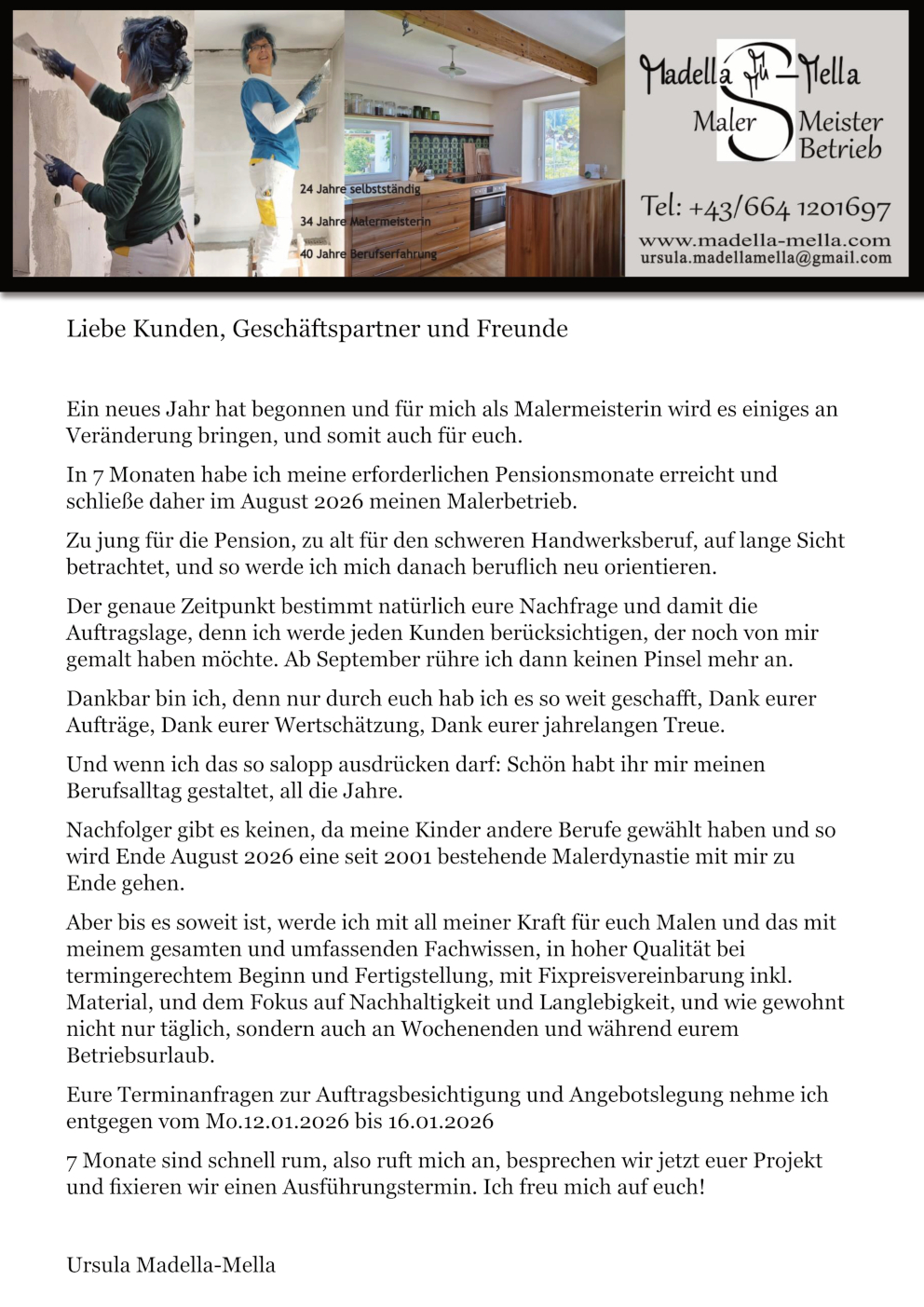 Zeit vergeht 2026 MalerMeisterbetrieb Madella Mella Ursula